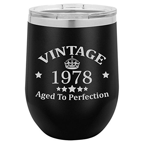 12 oz Double Wall Vacuum Insulated Stainless Steel Stemless Wine Tumbler Glass Coffee Travel Mug With Lid Vintage Aged To Perfection 1978 Birthday 40th Birthday (Black)