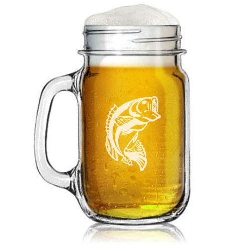 16oz Mason Jar Glass Mug w/Handle Bass Fish