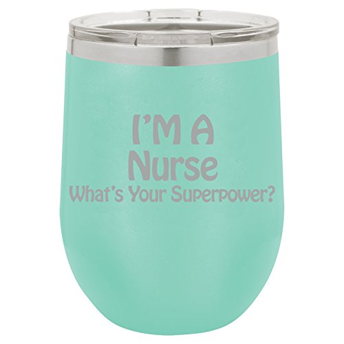 12 oz Double Wall Vacuum Insulated Stainless Steel Stemless Wine Tumbler Glass Coffee Travel Mug With Lid Nurse Super Power (Teal)