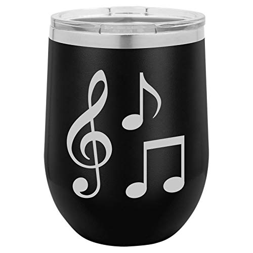 12 oz Double Wall Vacuum Insulated Stainless Steel Stemless Wine Tumbler Glass Coffee Travel Mug With Lid Music Notes (Black)