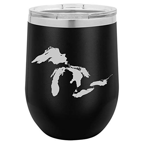 12 oz Double Wall Vacuum Insulated Stainless Steel Stemless Wine Tumbler Glass Coffee Travel Mug With Lid Great Lakes Michigan (Black)