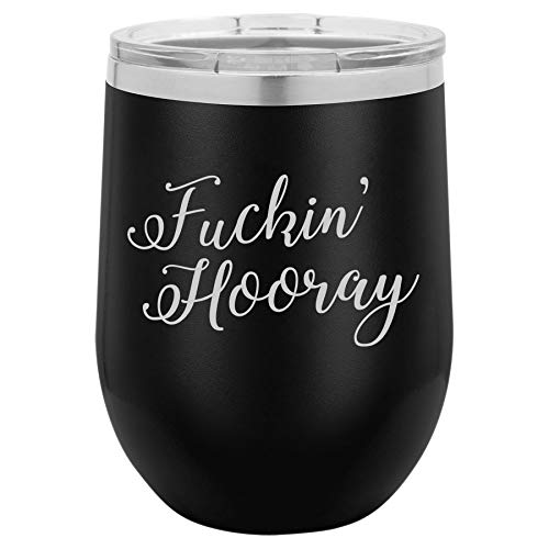 12 oz Double Wall Vacuum Insulated Stainless Steel Stemless Wine Tumbler Glass Coffee Travel Mug With Lid Fckin Hooray (Black)