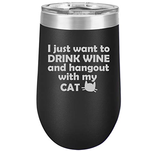 16 oz Double Wall Vacuum Insulated Stainless Steel Stemless Wine Tumbler Glass Coffee Travel Mug With Lid Drink Wine And Hang Out With Cat (Black)