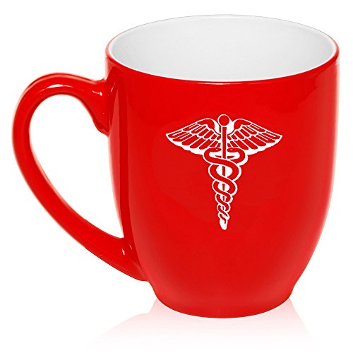 16 oz Large Bistro Mug Ceramic Coffee Tea Glass Cup Medical Symbol Caduceus (Red)