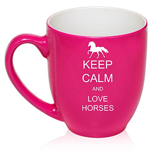 16 oz Large Bistro Mug Ceramic Coffee Tea Glass Cup Keep Calm and Love Horses (Hot Pink)