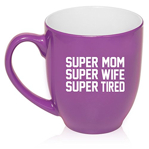 16 oz Large Bistro Mug Ceramic Coffee Tea Glass Cup Super Mom Wife Tired (Purple)