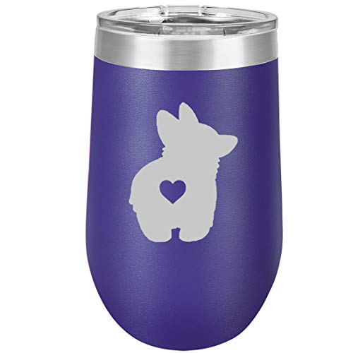 16 oz Double Wall Vacuum Insulated Stainless Steel Stemless Wine Tumbler Glass Coffee Travel Mug With Lid Corgi Butt (Purple)