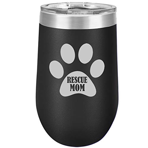 16 oz Double Wall Vacuum Insulated Stainless Steel Stemless Wine Tumbler Glass Coffee Travel Mug With Lid Paw Print Rescue Mom (Black)