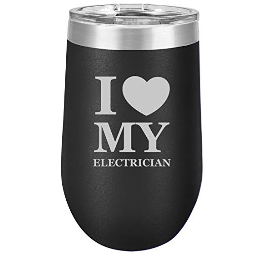 16 oz Double Wall Vacuum Insulated Stainless Steel Stemless Wine Tumbler Glass Coffee Travel Mug With Lid I Love Heart My Electrician (Black)