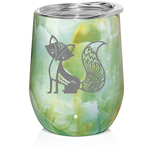 12 oz Double Wall Vacuum Insulated Stainless Steel Marble Stemless Wine Tumbler Glass Coffee Travel Mug With Lid Fancy Fox (Turquoise Green Marble)