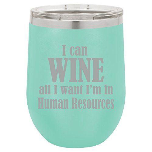 12 oz Double Wall Vacuum Insulated Stainless Steel Stemless Wine Tumbler Glass Coffee Travel Mug With Lid I Can Wine All I Want I'm In Human Resources (Teal)