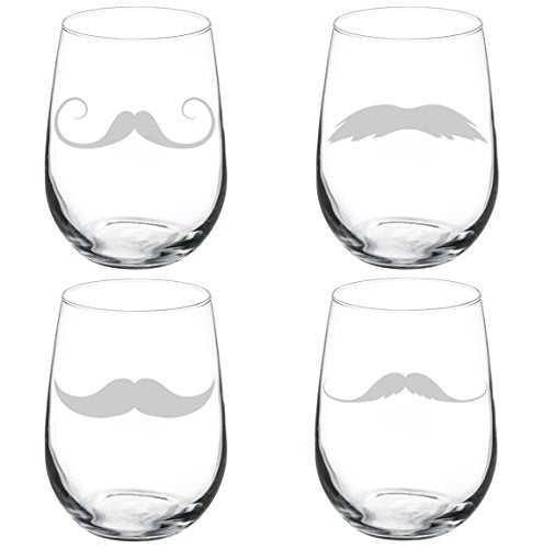 Set of 4 Wine Glass Goblet Mustache Set (17 oz Stemless)