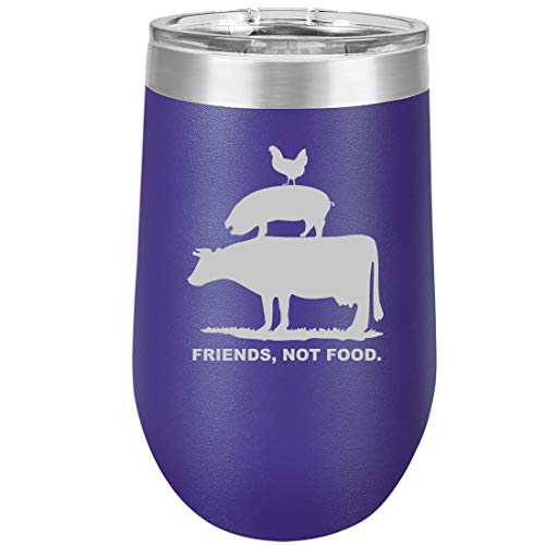 16 oz Double Wall Vacuum Insulated Stainless Steel Stemless Wine Tumbler Glass Coffee Travel Mug With Lid Friends, Not Food Vegan Farm Animal Rights (Purple)