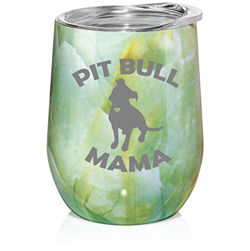 12 oz Double Wall Vacuum Insulated Stainless Steel Marble Stemless Wine Tumbler Glass Coffee Travel Mug With Lid Pit Bull Mama (Turquoise Green Marble)