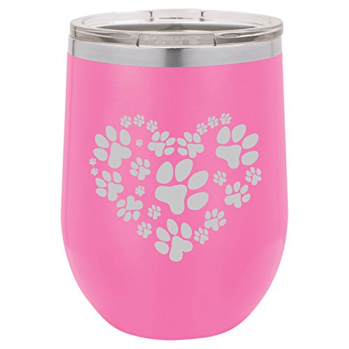 12 oz Double Wall Vacuum Insulated Stainless Steel Stemless Wine Tumbler Glass Coffee Travel Mug With Lid Heart Paw Prints (Hot-Pink)