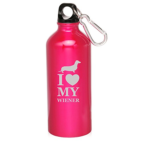 20oz Aluminum Sports Water Bottle Caribiner Clip I Love My w*ener Dachshund Dog (Hot Pink)