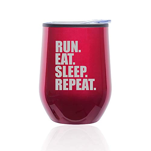 Stemless Wine Tumbler Coffee Travel Mug Glass With Lid Run Eat Sleep Repeat (Fuchsia)