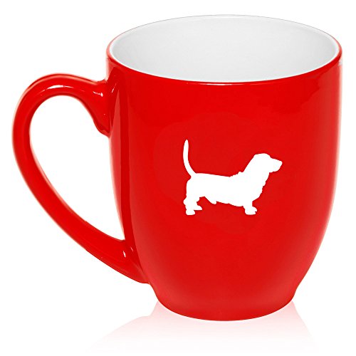 16 oz Large Bistro Mug Ceramic Coffee Tea Glass Cup Basset Hound (Red)