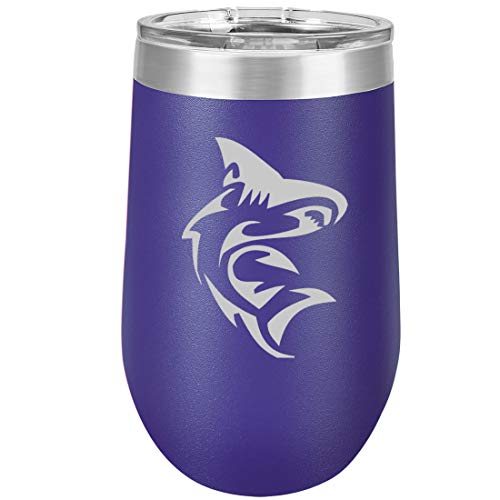 16 oz Double Wall Vacuum Insulated Stainless Steel Stemless Wine Tumbler Glass Coffee Travel Mug With Lid Shark (Purple)