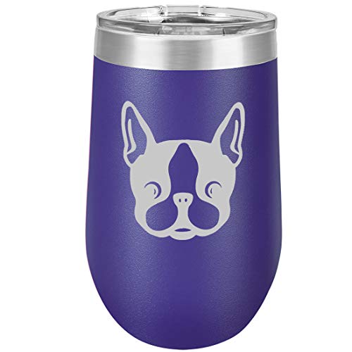 16 oz Double Wall Vacuum Insulated Stainless Steel Stemless Wine Tumbler Glass Coffee Travel Mug With Lid Boston Terrier Puppy (Purple)