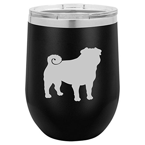 12 oz Double Wall Vacuum Insulated Stainless Steel Stemless Wine Tumbler Glass Coffee Travel Mug With Lid Pug (Black)