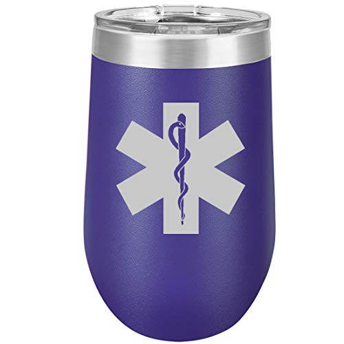 16 oz Double Wall Vacuum Insulated Stainless Steel Stemless Wine Tumbler Glass Coffee Travel Mug With Lid Star Of Life EMT Paramedic (Purple)