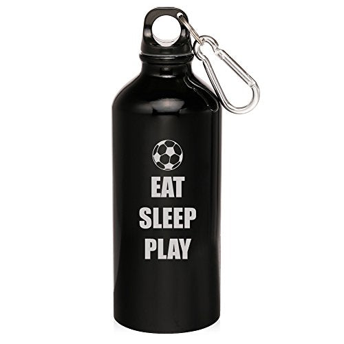 20oz Aluminum Sports Water Bottle Caribiner Clip Eat Sleep Play Soccer (Black)