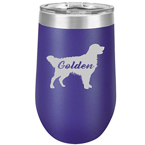 16 oz Double Wall Vacuum Insulated Stainless Steel Stemless Wine Tumbler Glass Coffee Travel Mug With Lid Golden Retriever 'Golden' (Purple)