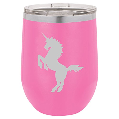 12 oz Double Wall Vacuum Insulated Stainless Steel Stemless Wine Tumbler Glass Coffee Travel Mug With Lid Unicorn (Hot-Pink)