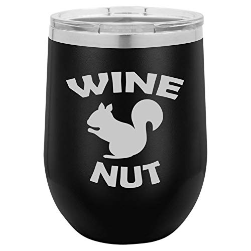 12 oz Double Wall Vacuum Insulated Stainless Steel Stemless Wine Tumbler Glass Coffee Travel Mug With Lid Funny Squirrel Wine Nut (Black)