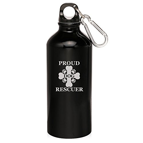 20oz Aluminum Sports Water Bottle Caribiner Clip Proud Dog Rescuer (Black)