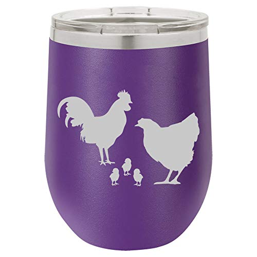 12 oz Double Wall Vacuum Insulated Stainless Steel Stemless Wine Tumbler Glass Coffee Travel Mug With Lid Chicken Family (Purple)