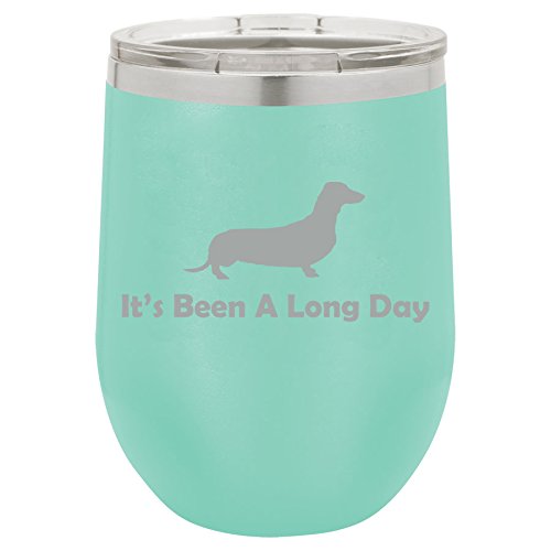 12 oz Double Wall Vacuum Insulated Stainless Steel Stemless Wine Tumbler Glass Coffee Travel Mug With Lid It's Been A Long Day Dachshund (Teal)