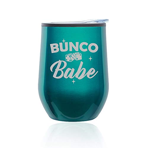 Stemless Wine Tumbler Coffee Travel Mug Glass With Lid Bunco Babe (Turquoise Teal)