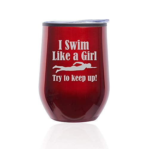 Stemless Wine Tumbler Coffee Travel Mug Glass With Lid Swim Like A Girl (Red)