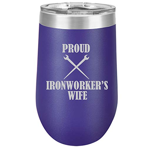 16 oz Double Wall Vacuum Insulated Stainless Steel Stemless Wine Tumbler Glass Coffee Travel Mug With Lid Proud Ironworker's Wife (Purple)
