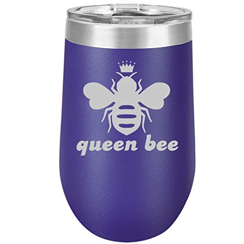 16 oz Double Wall Vacuum Insulated Stainless Steel Stemless Wine Tumbler Glass Coffee Travel Mug With Lid Queen Bee (Purple)