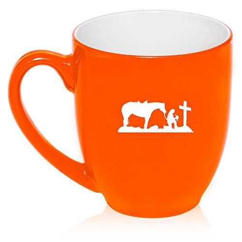 16 oz Large Bistro Mug Ceramic Coffee Tea Glass Cup Cowgirl Praying Cross Horse (Orange)