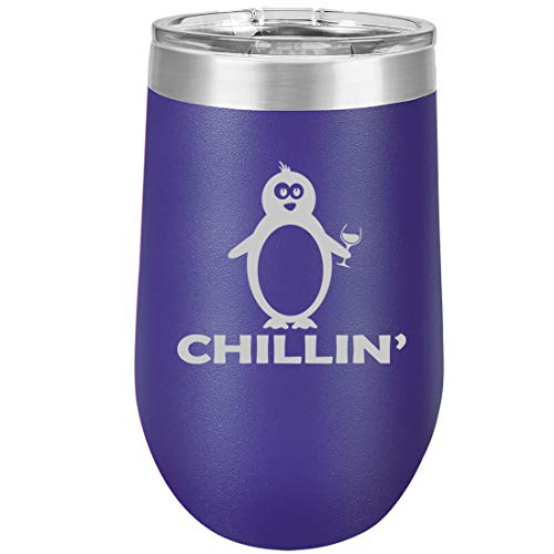 16 oz Double Wall Vacuum Insulated Stainless Steel Stemless Wine Tumbler Glass Coffee Travel Mug With Lid Chillin Penguin Funny (Purple)