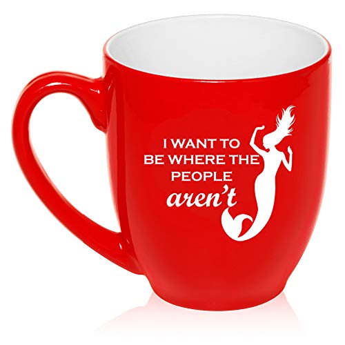 16 oz Large Bistro Mug Ceramic Coffee Tea Glass Cup I Want To Be Where The People Aren't Mermaid (Red)