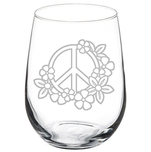 Wine Glass Goblet Peace Sign with Flowers (17 oz Stemless)