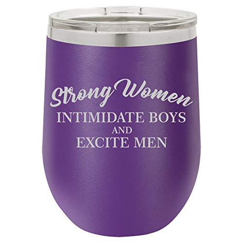 12 oz Double Wall Vacuum Insulated Stainless Steel Stemless Wine Tumbler Glass Coffee Travel Mug With Lid Strong Women Intimidate Boys And Excite Men (Purple)