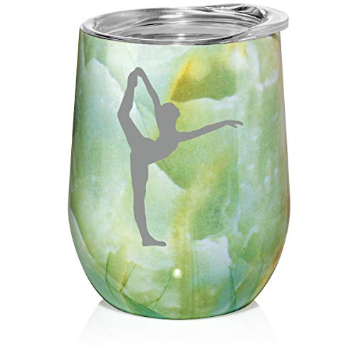 12 oz Double Wall Vacuum Insulated Stainless Steel Marble Stemless Wine Tumbler Glass Coffee Travel Mug With Lid Dancer Gymnastics (Turquoise Green Marble)