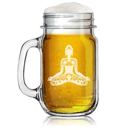 16oz Mason Jar Glass Mug w/Handle Buddha Yoga Lotus