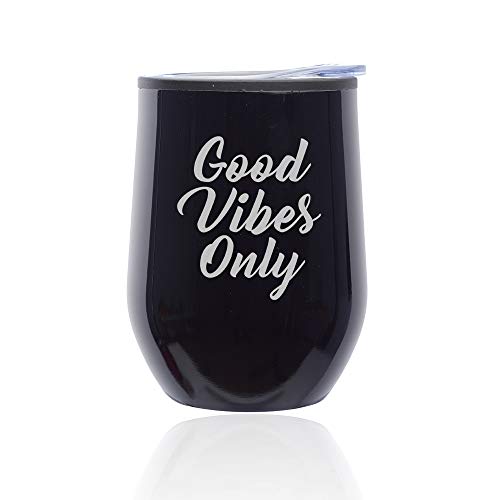 Stemless Wine Tumbler Coffee Travel Mug Glass With Lid Good Vibes Only (Midnight Black)