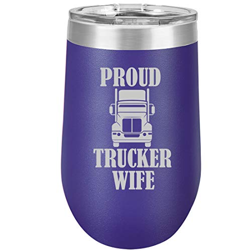 16 oz Double Wall Vacuum Insulated Stainless Steel Stemless Wine Tumbler Glass Coffee Travel Mug With Lid Proud Trucker Wife (Purple)