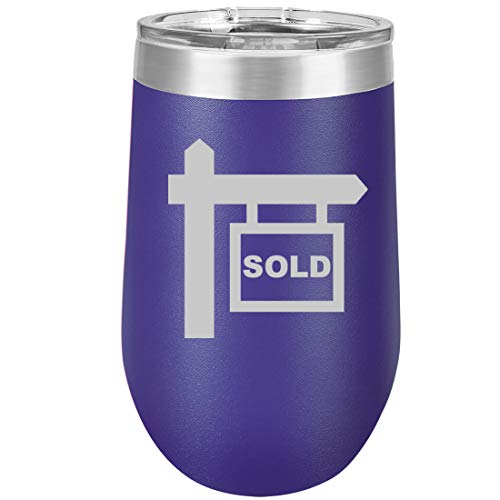 16 oz Double Wall Vacuum Insulated Stainless Steel Stemless Wine Tumbler Glass Coffee Travel Mug With Lid Real Estate Agent Broker Realtor Sold (Purple)