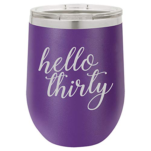 12 oz Double Wall Vacuum Insulated Stainless Steel Stemless Wine Tumbler Glass Coffee Travel Mug With Lid Hello, Thirty 30th Birthday (Purple)