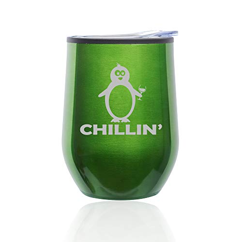 Stemless Wine Tumbler Coffee Travel Mug Glass With Lid Chillin' Penguin Funny (Green)