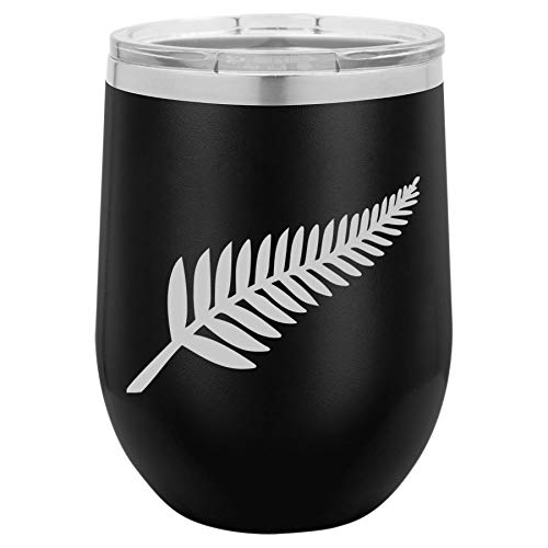 12 oz Double Wall Vacuum Insulated Stainless Steel Stemless Wine Tumbler Glass Coffee Travel Mug With Lid New Zealand Silver Fern (Black)